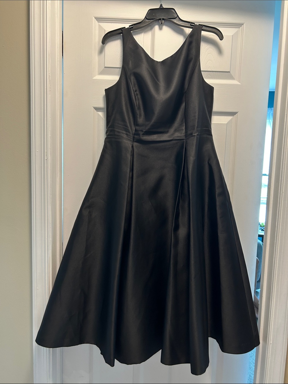 Adrianna Papell Black Satin Midi Fit-and-Flare Dress